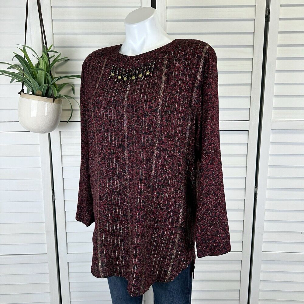 Vtg Carole Little German‎ Rayon Tunic Blouse Top Red Beaded Floral Size 8 Petite